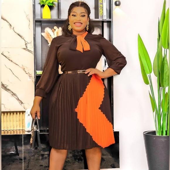 NWT - Brown/Orange Color Block Pleated Dress - Picture 3 of 4